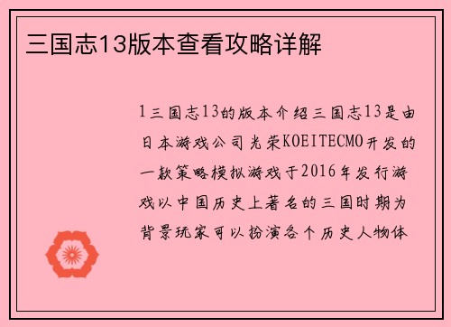 三国志13版本查看攻略详解